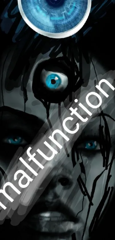 Abstract futuristic eye with glitch effect in blue tones on a black background.