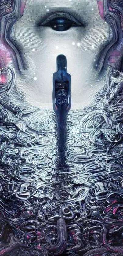 Surreal futuristic wallpaper with giant eye and lone figure.