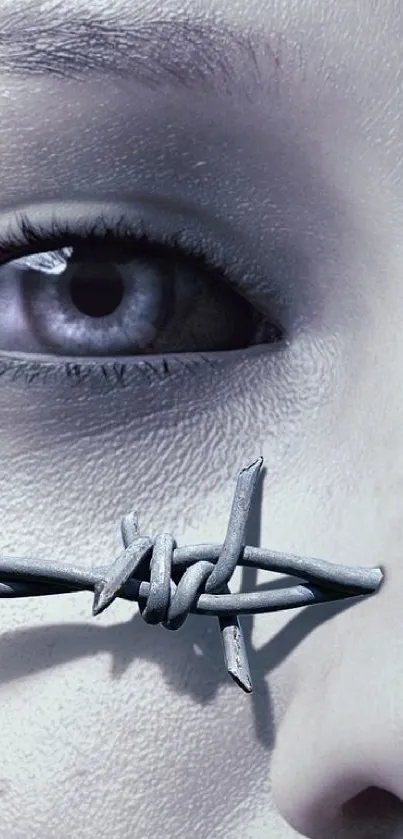 Wallpaper of a cybernetic face with barbed wire and glowing eye.