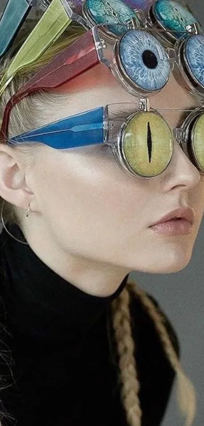 Model wearing futuristic eyewear with artistic design.