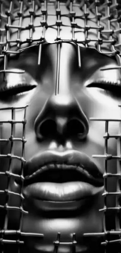 Futuristic black and white face with wireframe design.