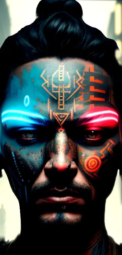 Futuristic face with neon lights on a dark background wallpaper.