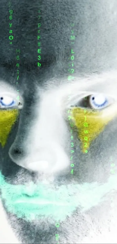 Futuristic face with neon eyes and matrix code in cyan tones.