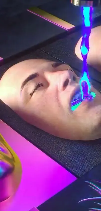 Futuristic face mold with neon blue accents.