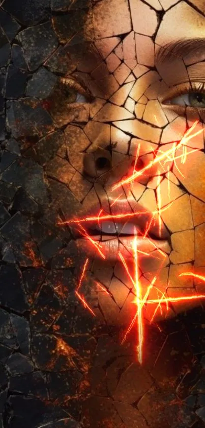 Futuristic cracked face with neon symbols in digital art wallpaper.