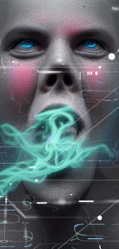 Futuristic face exhaling neon smoke on a dark background.