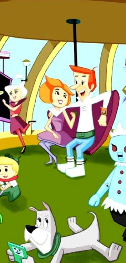 Cartoon family in a futuristic setting with colorful elements.