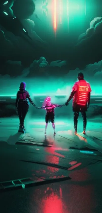 Futuristic family under neon skies in an urban digital landscape.