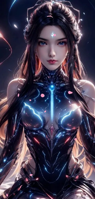 Futuristic female anime artwork with vibrant colors.