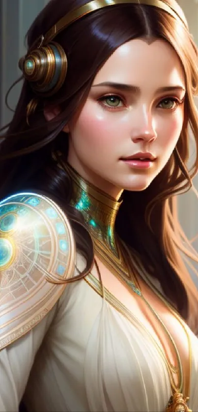 Futuristic fantasy portrait of a woman in golden armor, perfect for mobile wallpaper.