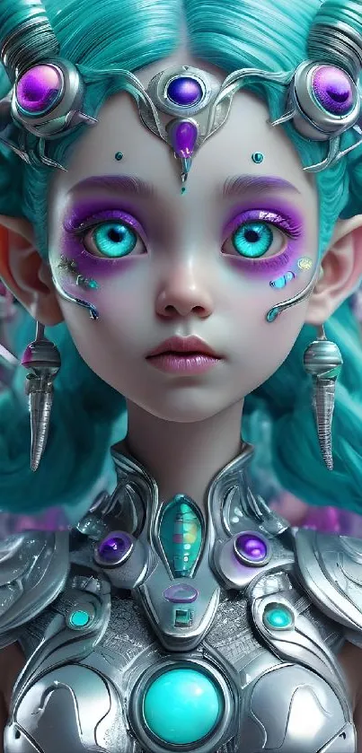 Futuristic fantasy alien character with vivid turquoise and purple colors.