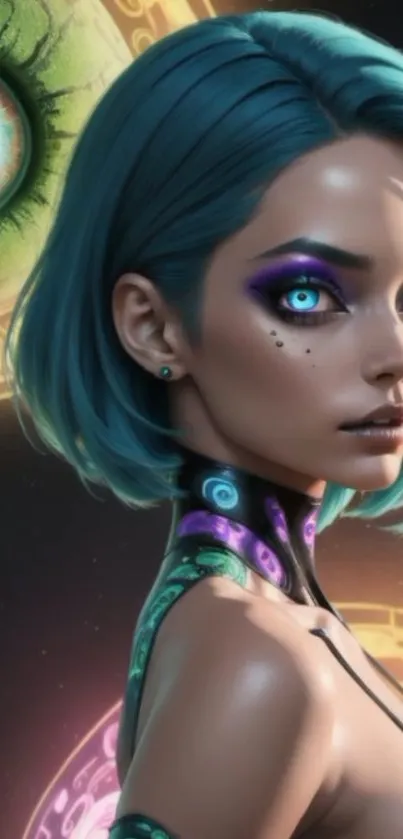 Futuristic fantasy woman with blue hair and cosmic background.