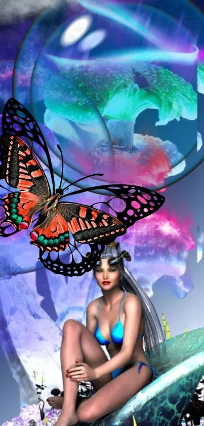 Futuristic fantasy art with butterfly in neon colors.