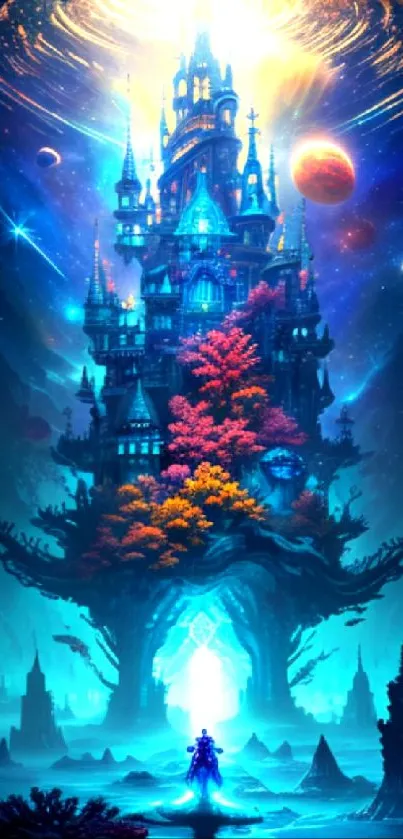 Futuristic fantasy castle with vibrant colors and surreal landscape.