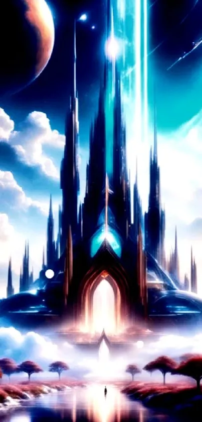 Futuristic castle under a cosmic sky with planets and stars.