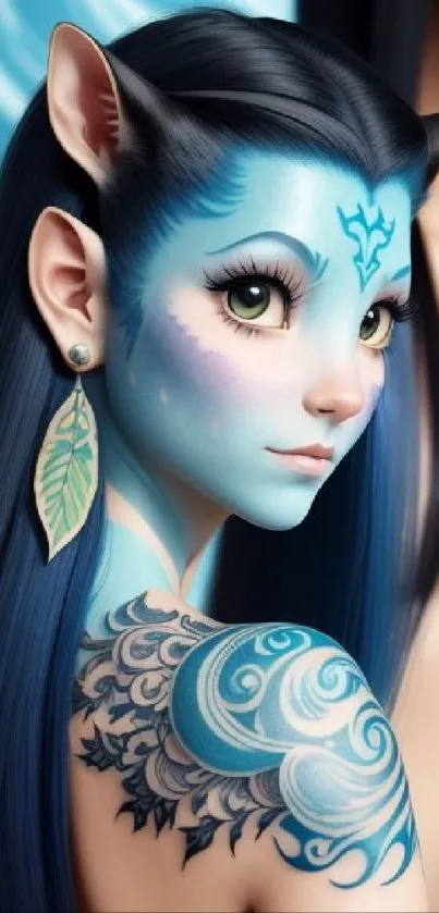 Fantasy character with blue skin and tattoos in futuristic art style.