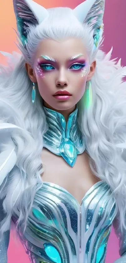 Futuristic fantasy character with vibrant colors and intricate details.