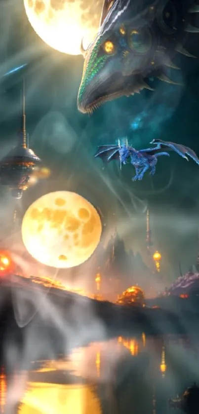 Futuristic landscape with dragon and dual moons.