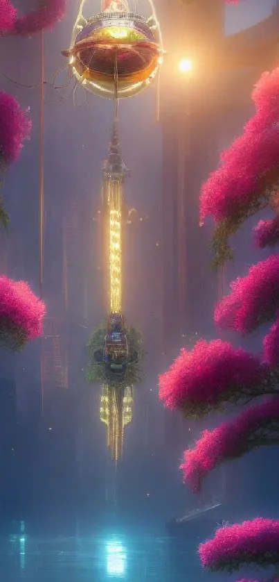 Futuristic fantasy scene with pink trees and glowing lights over water.