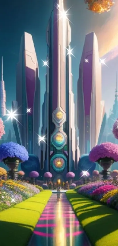 Futuristic garden with colorful flowers and skyscrapers under a cosmic sky.