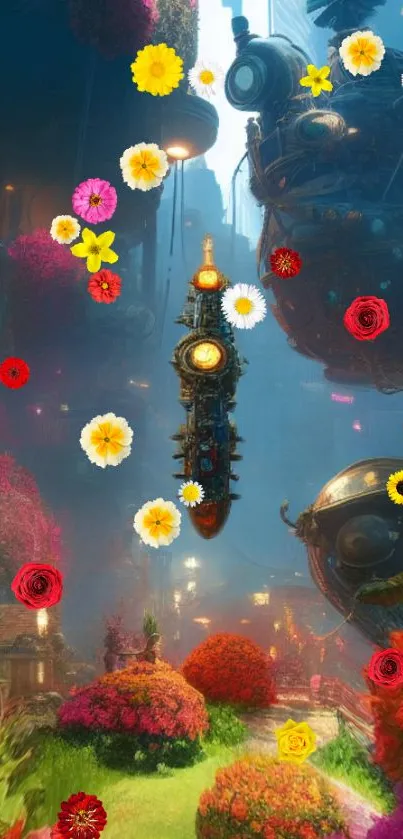 Futuristic garden wallpaper with flowers and mechanical elements.