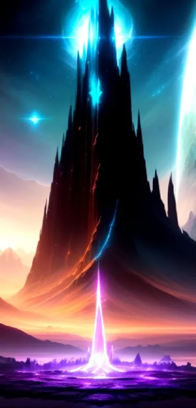 Futuristic fantasy landscape with mystical and vibrant colors, perfect for mobile screens.