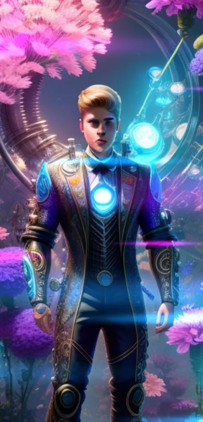 Futuristic character in a neon fantasy world with colorful surroundings.