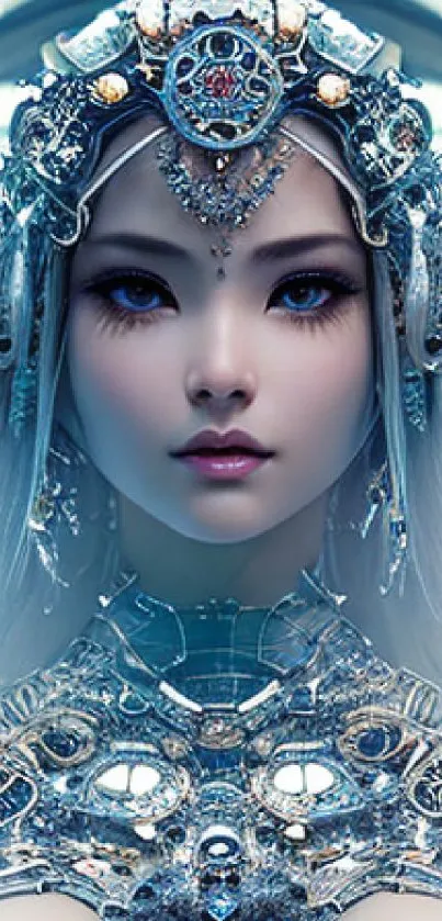 Futuristic fantasy princess with intricate silver robotic design.