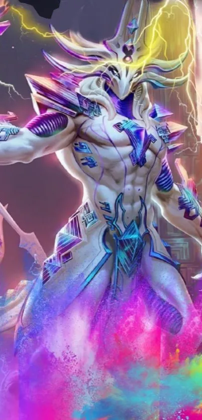 Futuristic fantasy warrior with colorful energy.