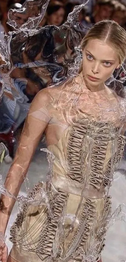 Model in intricate futuristic fashion design standing on runway.