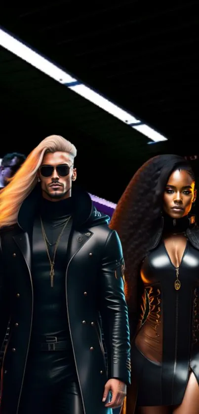 Stylish couple in futuristic attire with a neon-lit urban background.