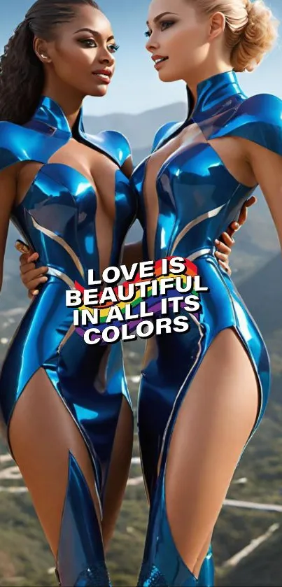Futuristic models in blue outfits on a mountain