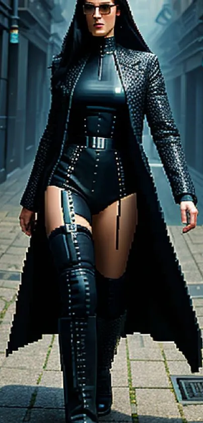 Stylish woman in dark leather outfit walking down an urban alley.