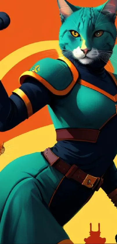 Futuristic feline warrior in teal armor on orange background.