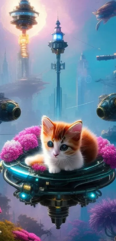 Cute cat on a futuristic floating platform with pink flowers and a cyberpunk background.