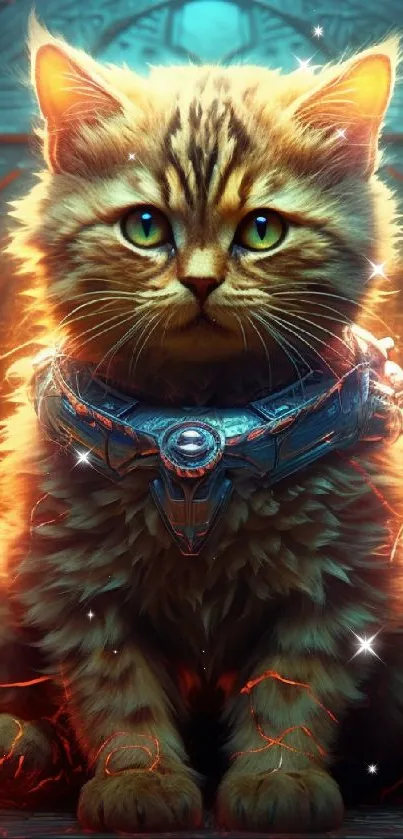 Futuristic feline warrior with glowing effects.