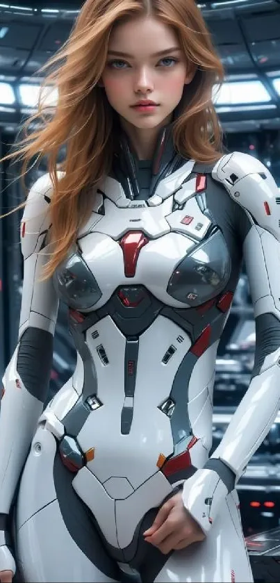Futuristic female android in high-tech environment wallpaper.