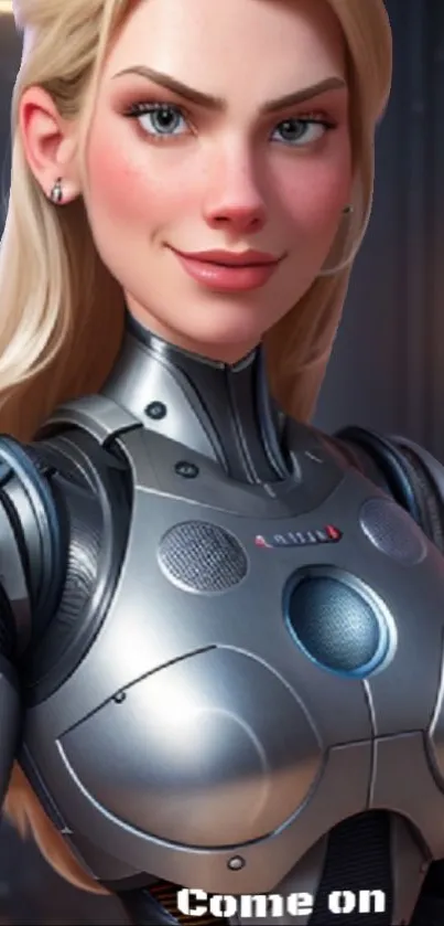 Futuristic female character in silver robotic suit digital art.