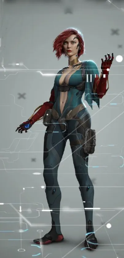 Futuristic woman with red hair in cyber attire on a sleek sci-fi themed wallpaper.