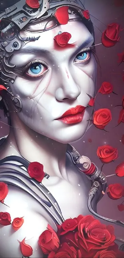 Futuristic cyborg woman surrounded by red roses.