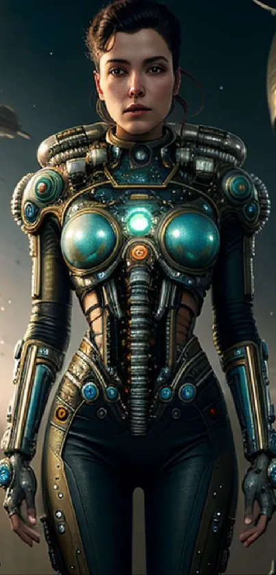 Futuristic female cyborg in detailed armor, sci-fi art wallpaper.