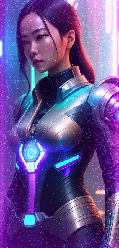 Futuristic female cyborg with neon accents in a digital art style.