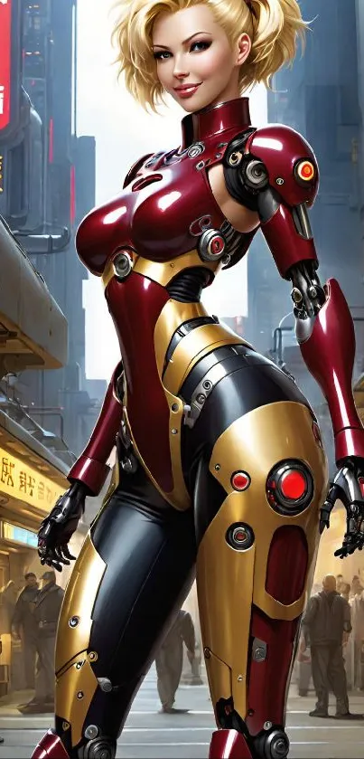 Cyborg character in futuristic cityscape art.