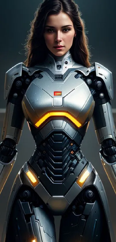 Futuristic female cyborg in glowing armor.