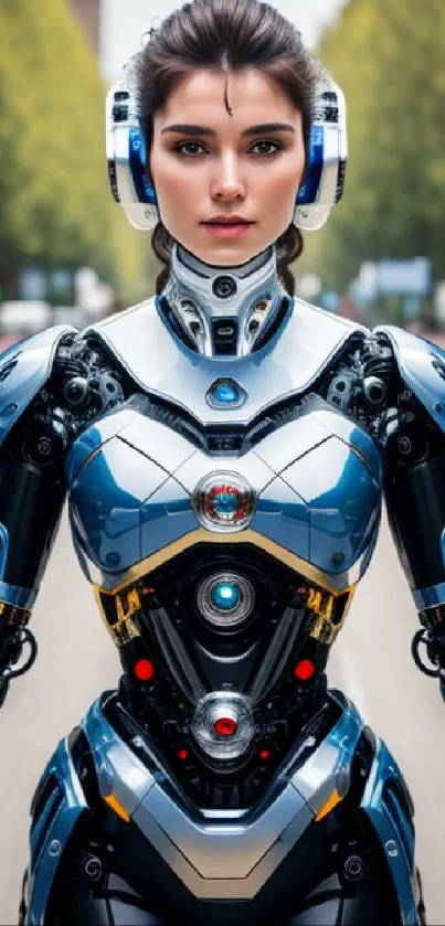 Futuristic female cyborg with intricate design in high-resolution wallpaper.