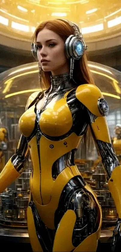 Futuristic yellow female cyborg with robotic design in a sci-fi setting.