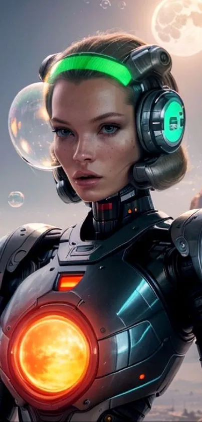 Futuristic female cyborg with cosmic backdrop.