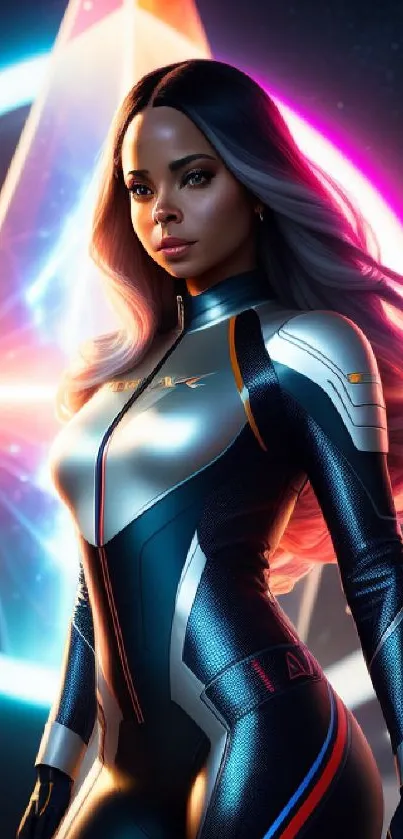 Futuristic female hero with cosmic background.