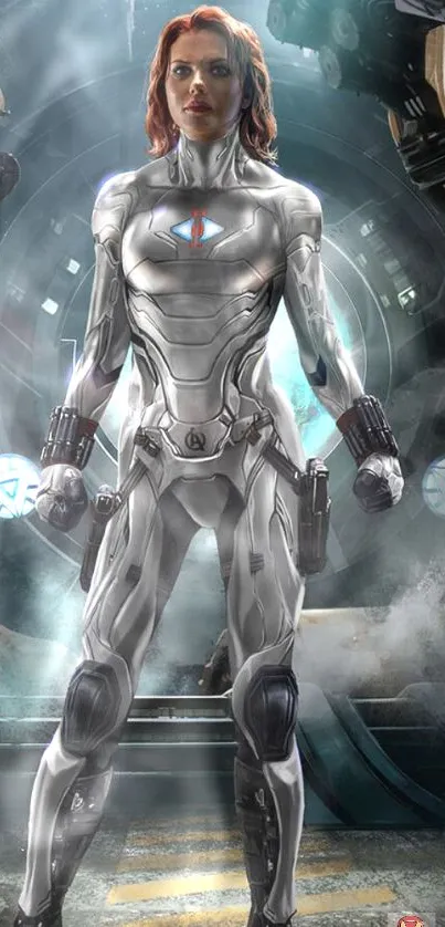 Futuristic female hero in silver armor on a tech-themed mobile wallpaper.