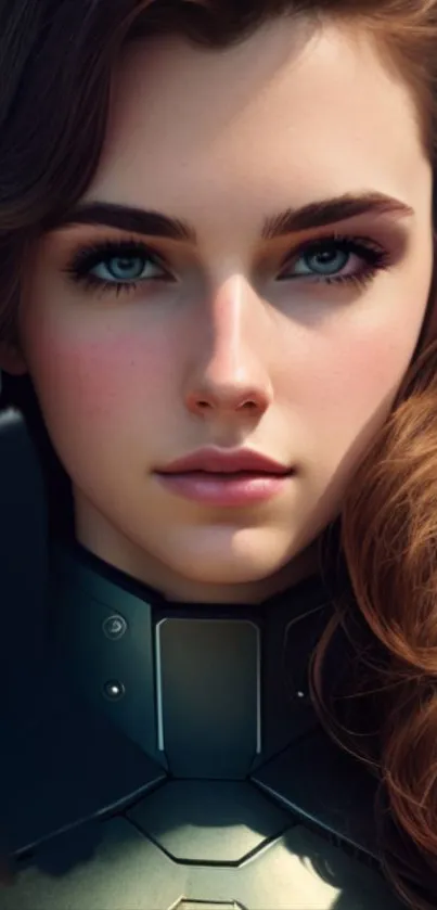 Futuristic female portrait in detailed armor on a smartphone wallpaper.